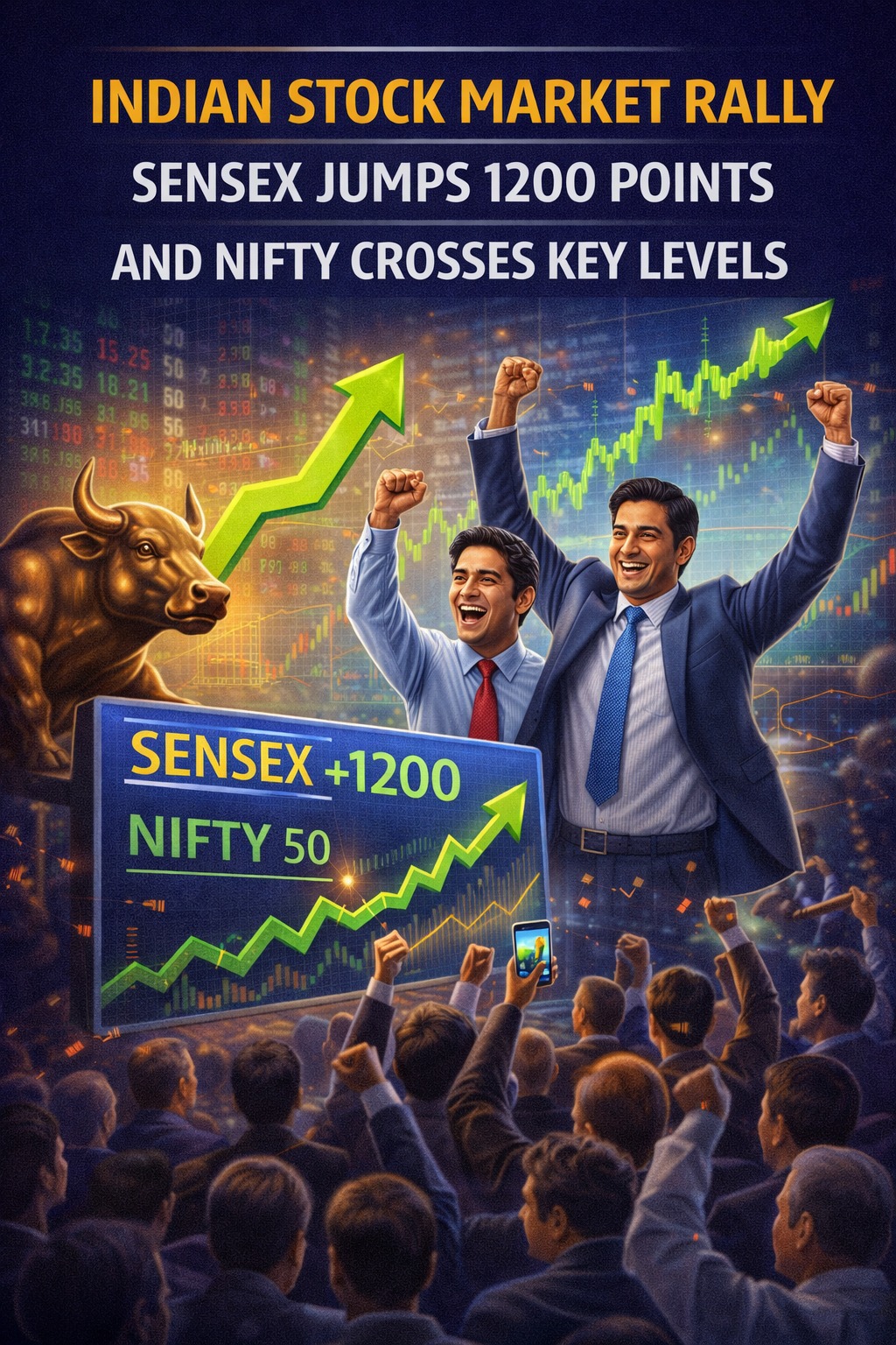 Indian stock market rally with Sensex jumping 1200 points and Nifty crossing key levels